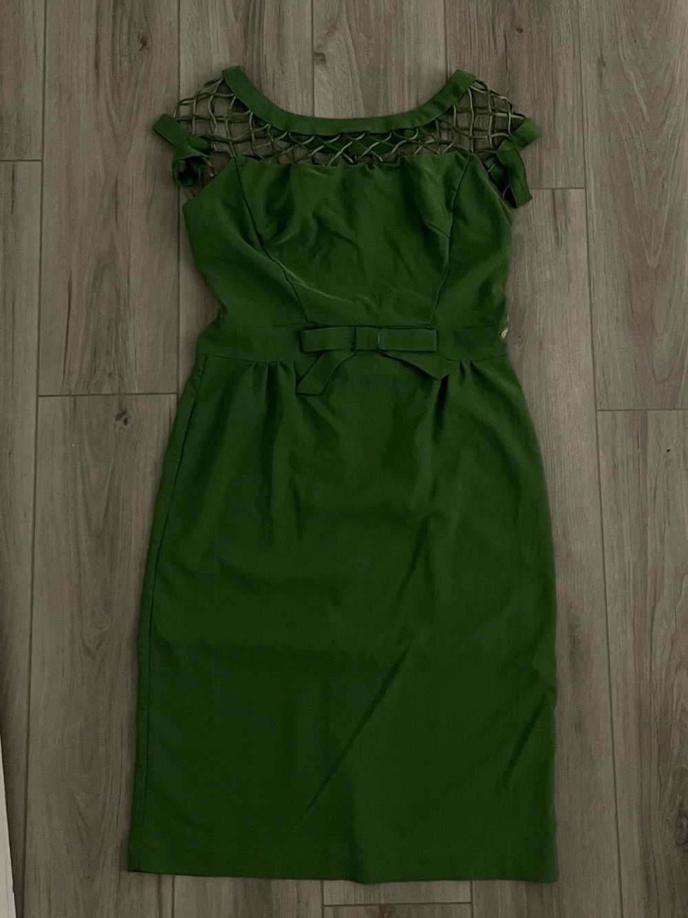 Tatyana Green Sheath Dress with Lattice Yoke and Bow Detail